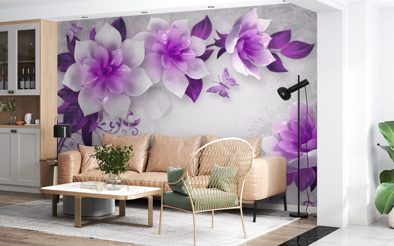 Carta da parati sfondo bianco decorato con fiori viola