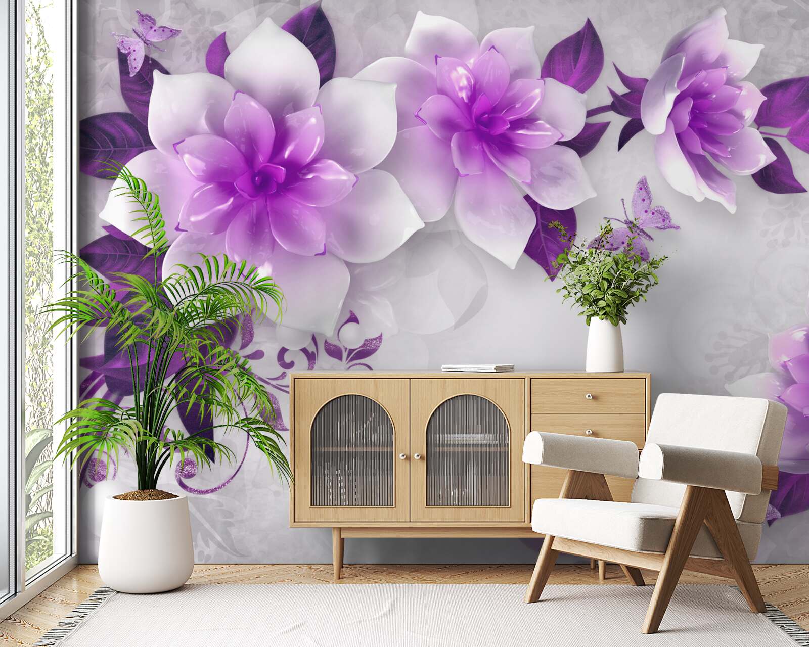 Carta da parati sfondo bianco decorato con fiori viola