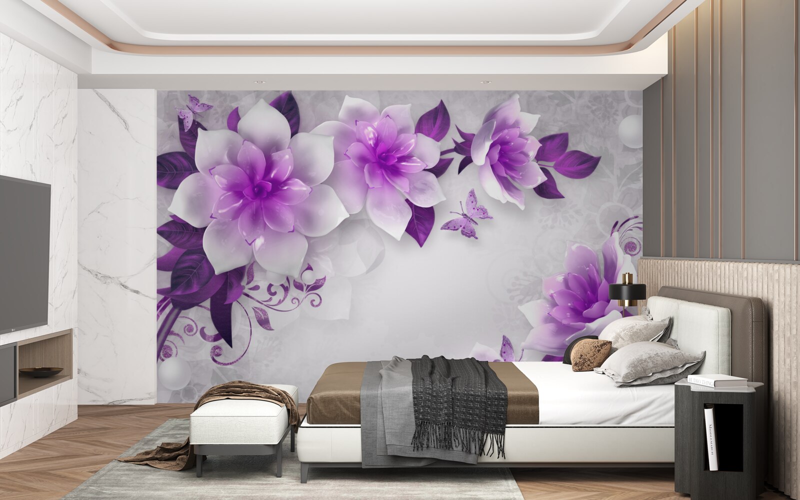Carta da parati sfondo bianco decorato con fiori viola