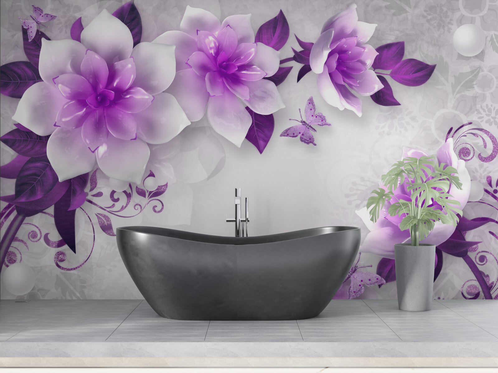 Carta da parati sfondo bianco decorato con fiori viola