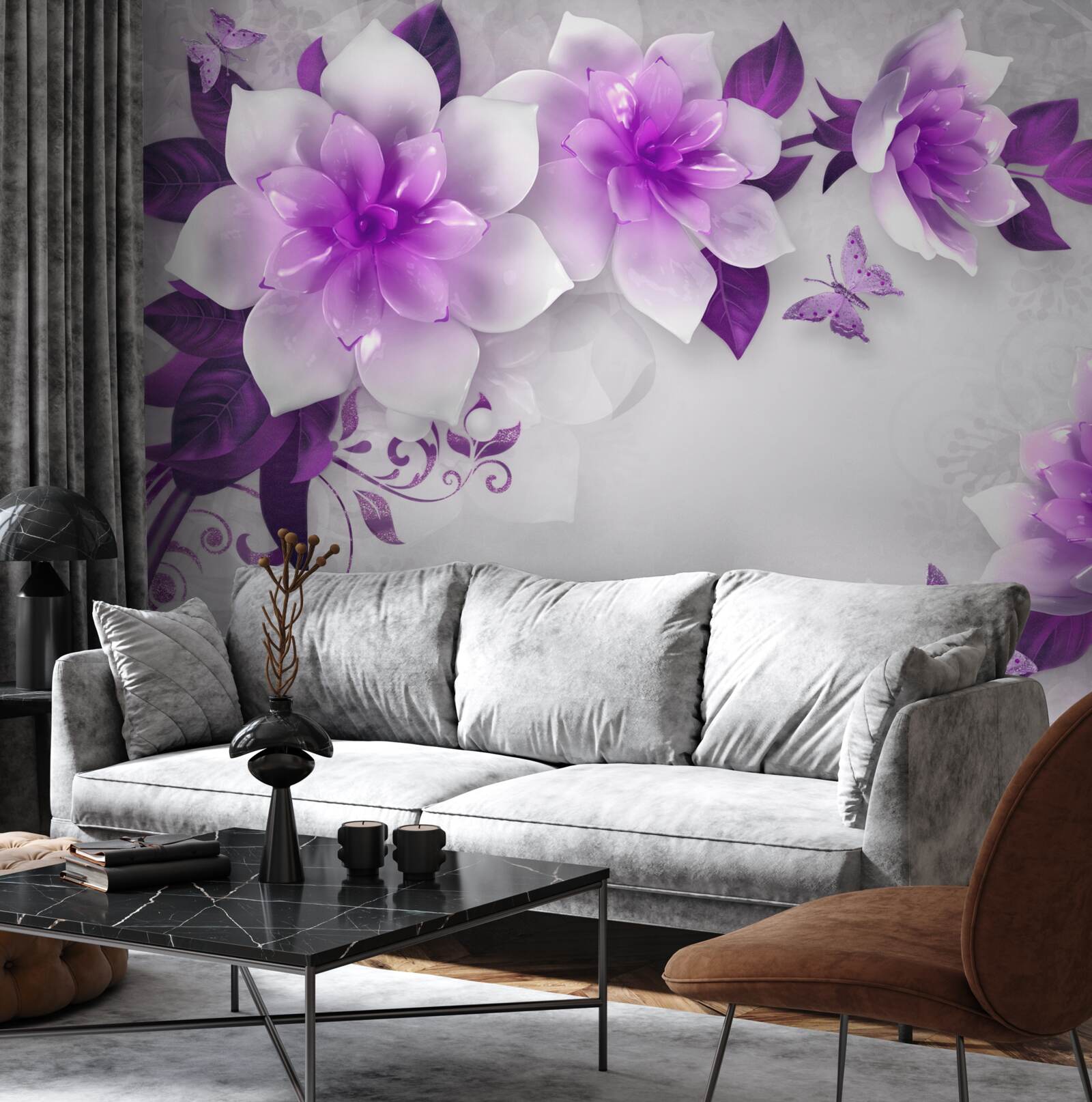 Carta da parati sfondo bianco decorato con fiori viola