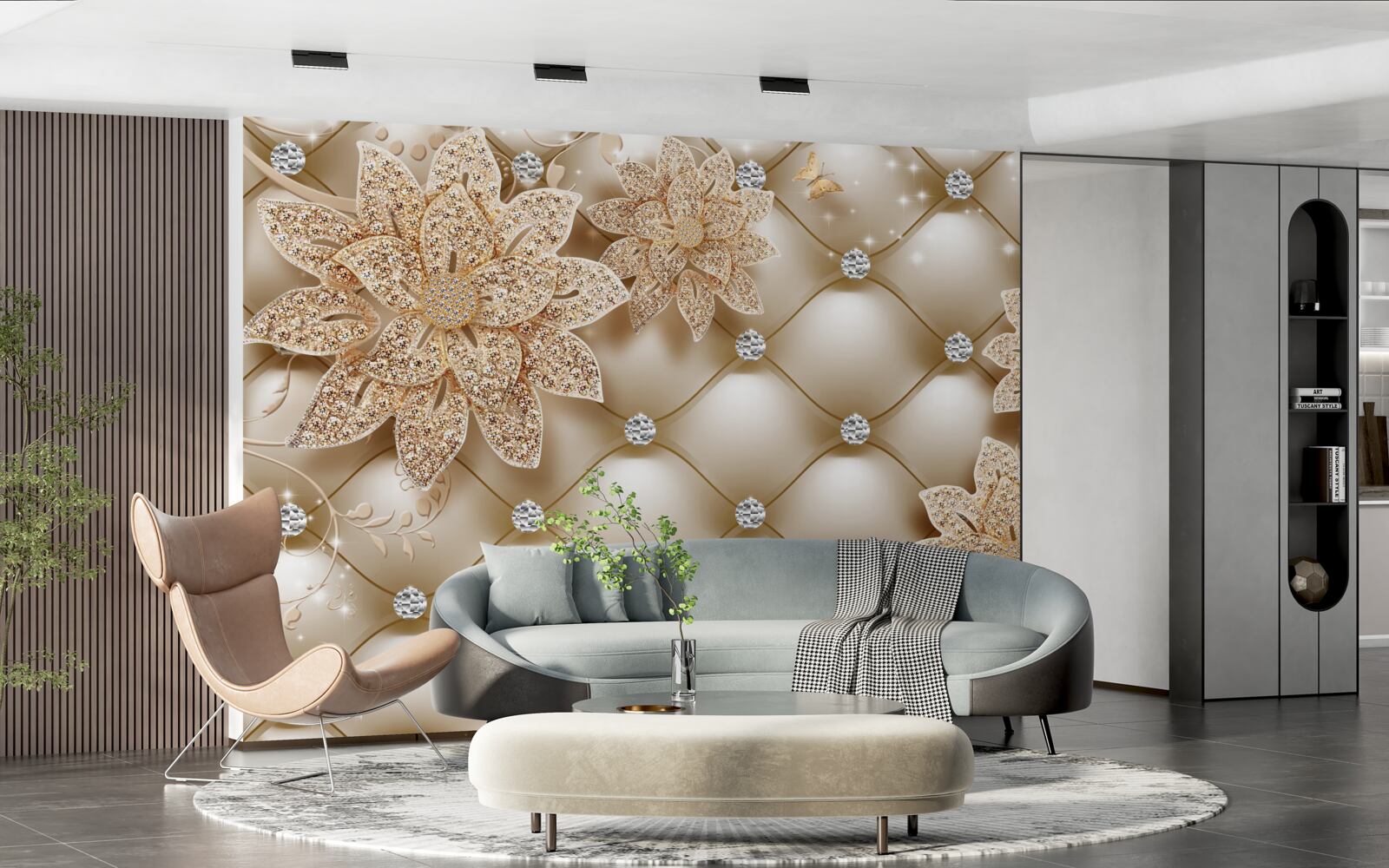 Carta da parati le perle sono decorate con fiori d'oro