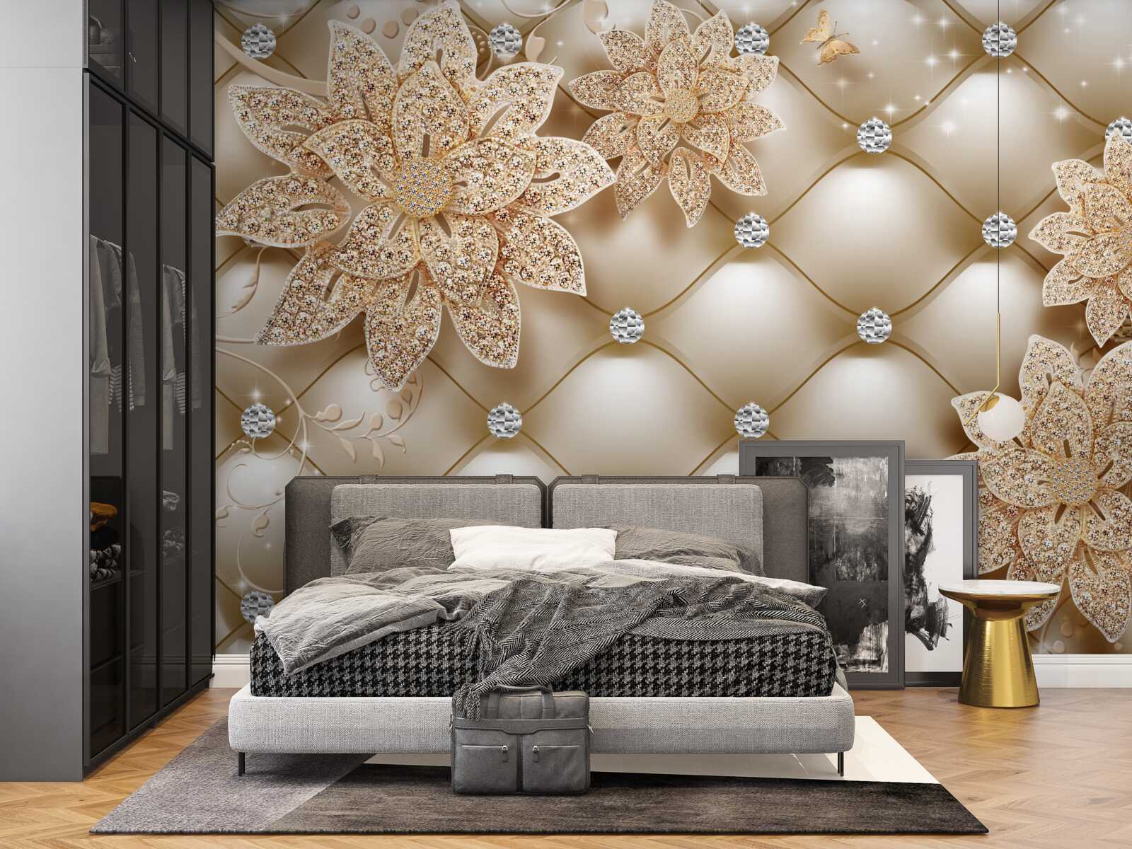 Carta da parati le perle sono decorate con fiori d'oro
