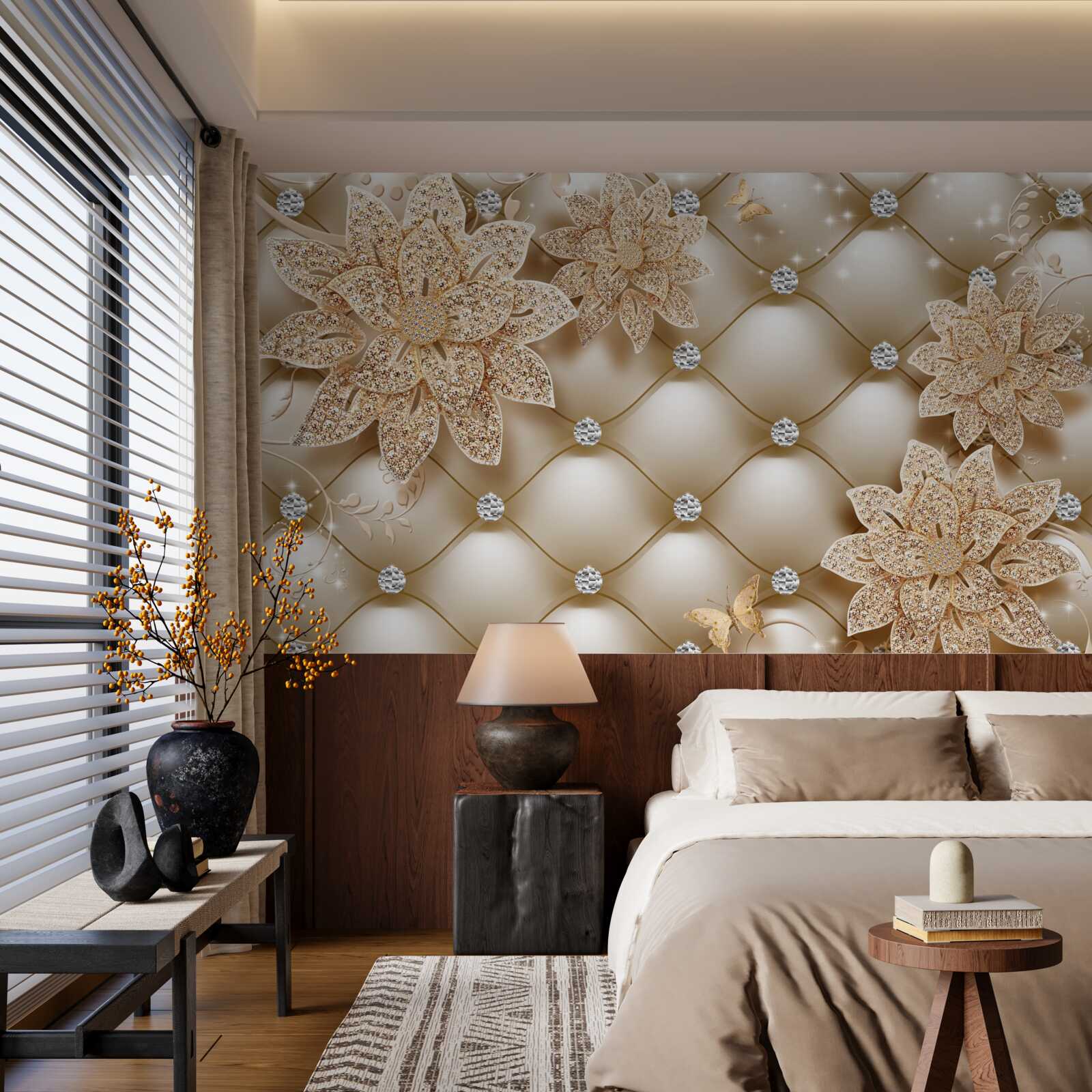 Carta da parati le perle sono decorate con fiori d'oro