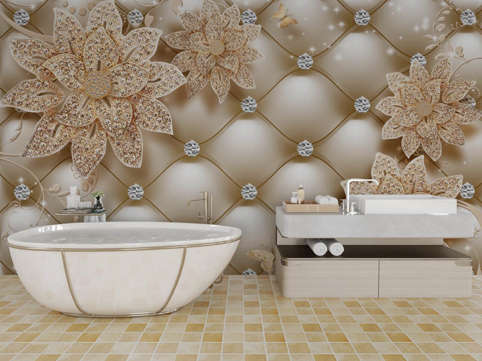Carta da parati le perle sono decorate con fiori d'oro