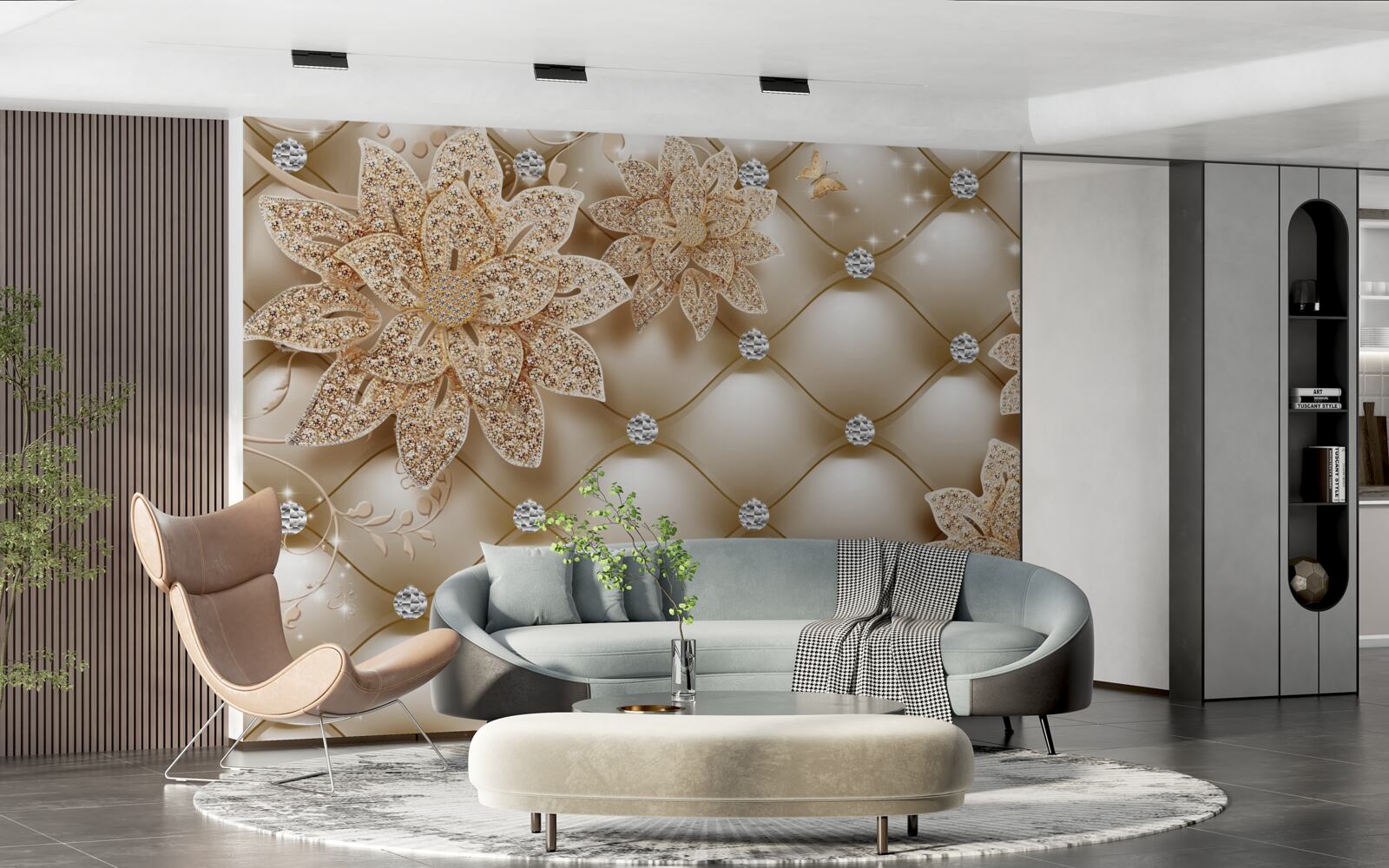 Carta da parati le perle sono decorate con fiori d'oro