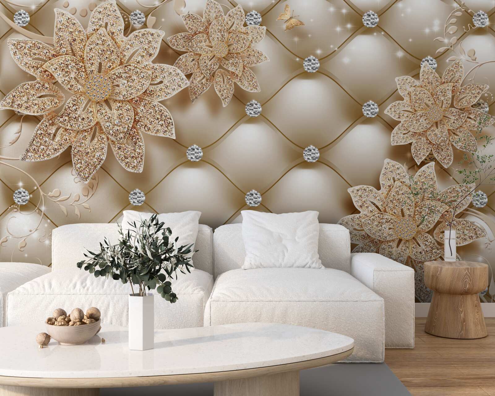 Carta da parati le perle sono decorate con fiori d'oro