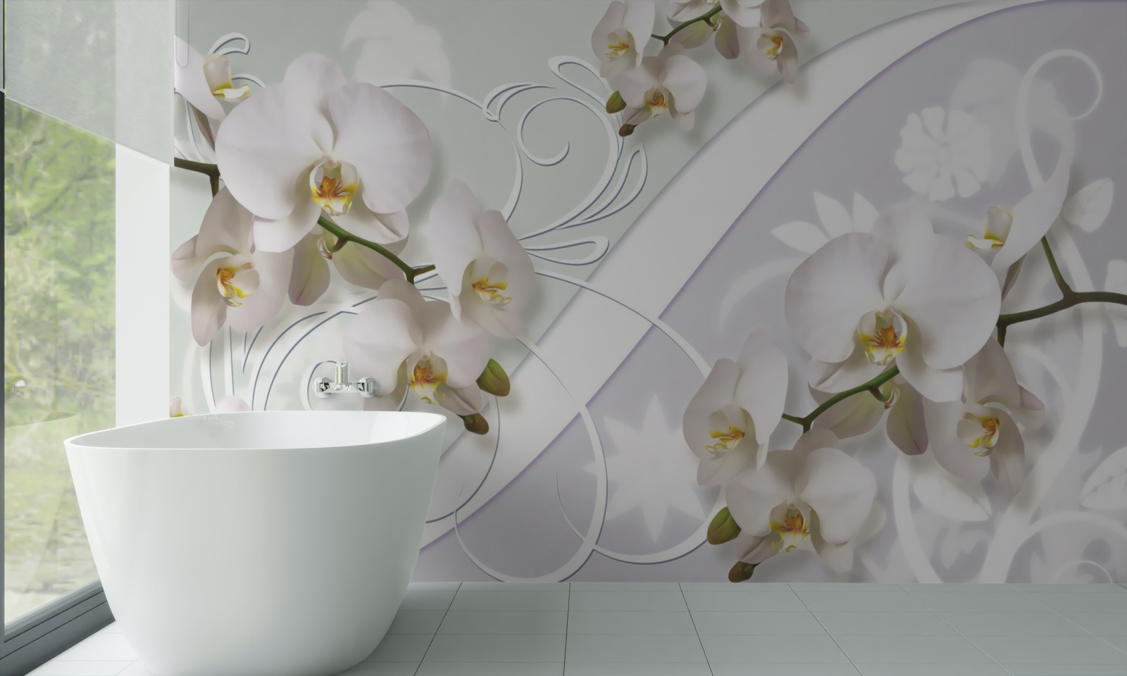 Carta da parati orchidee bianche su sfondo bianco