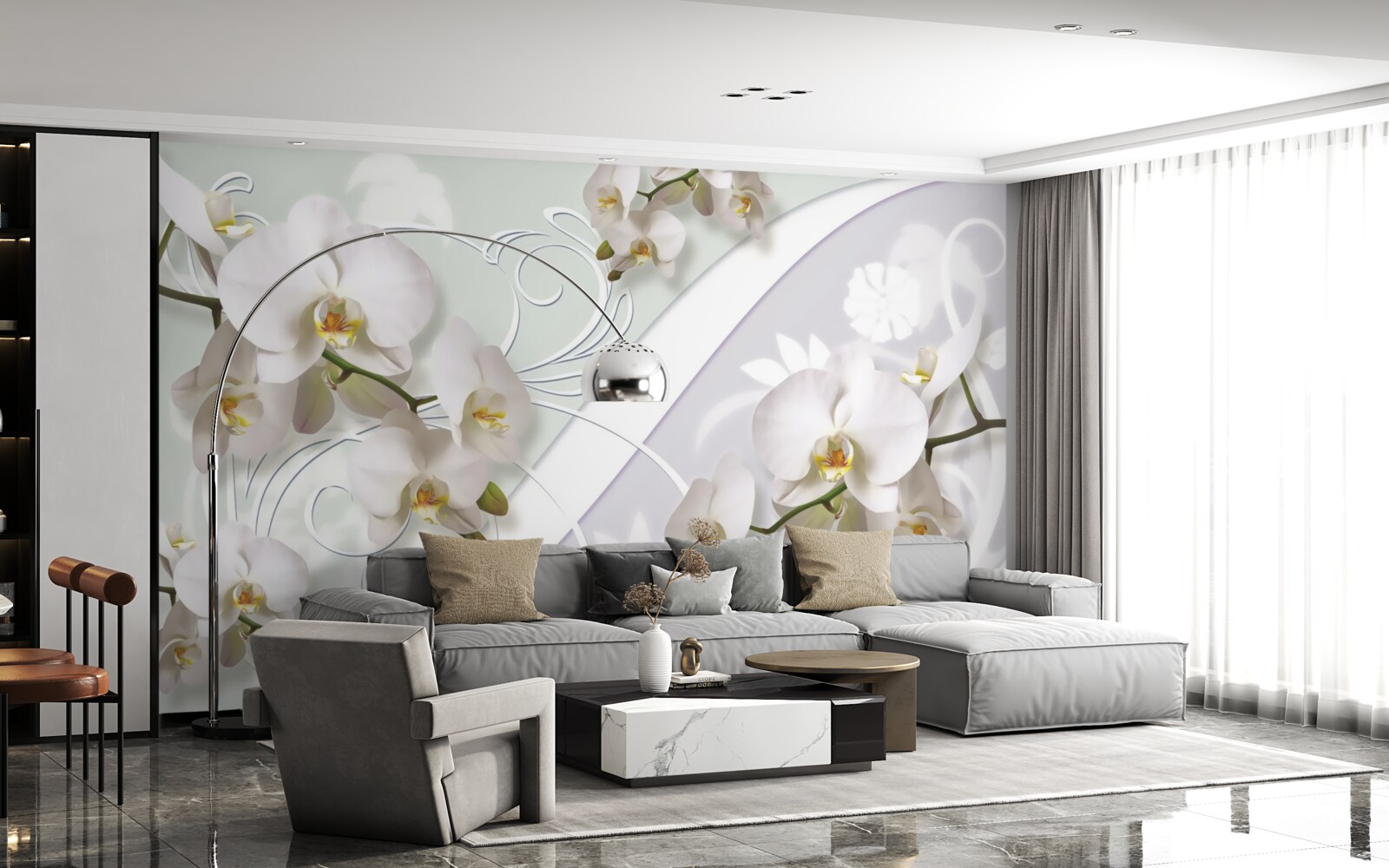 Carta da parati orchidee bianche su sfondo bianco