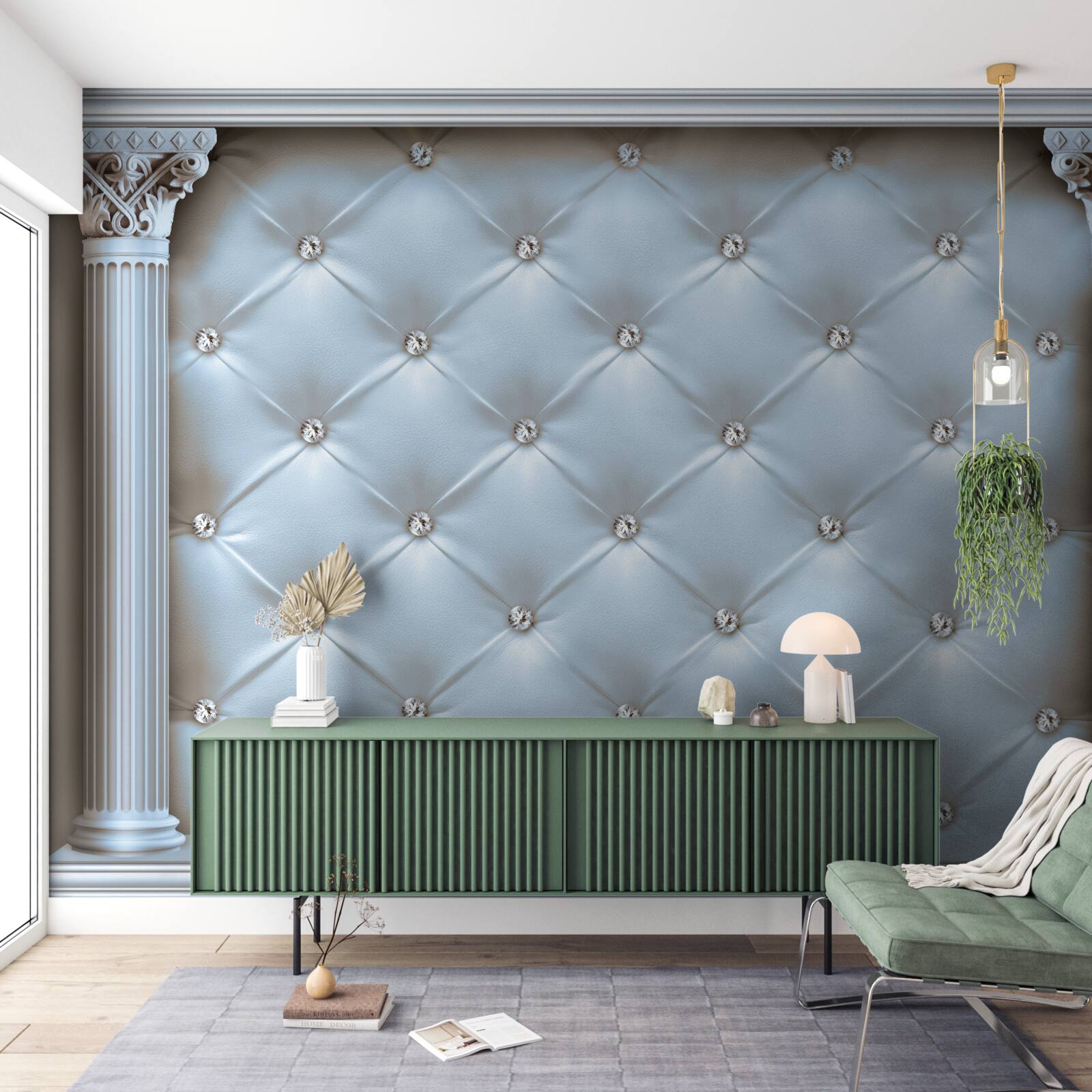Carta da parati L'arco è decorato con un tessuto di rivestimento blu.