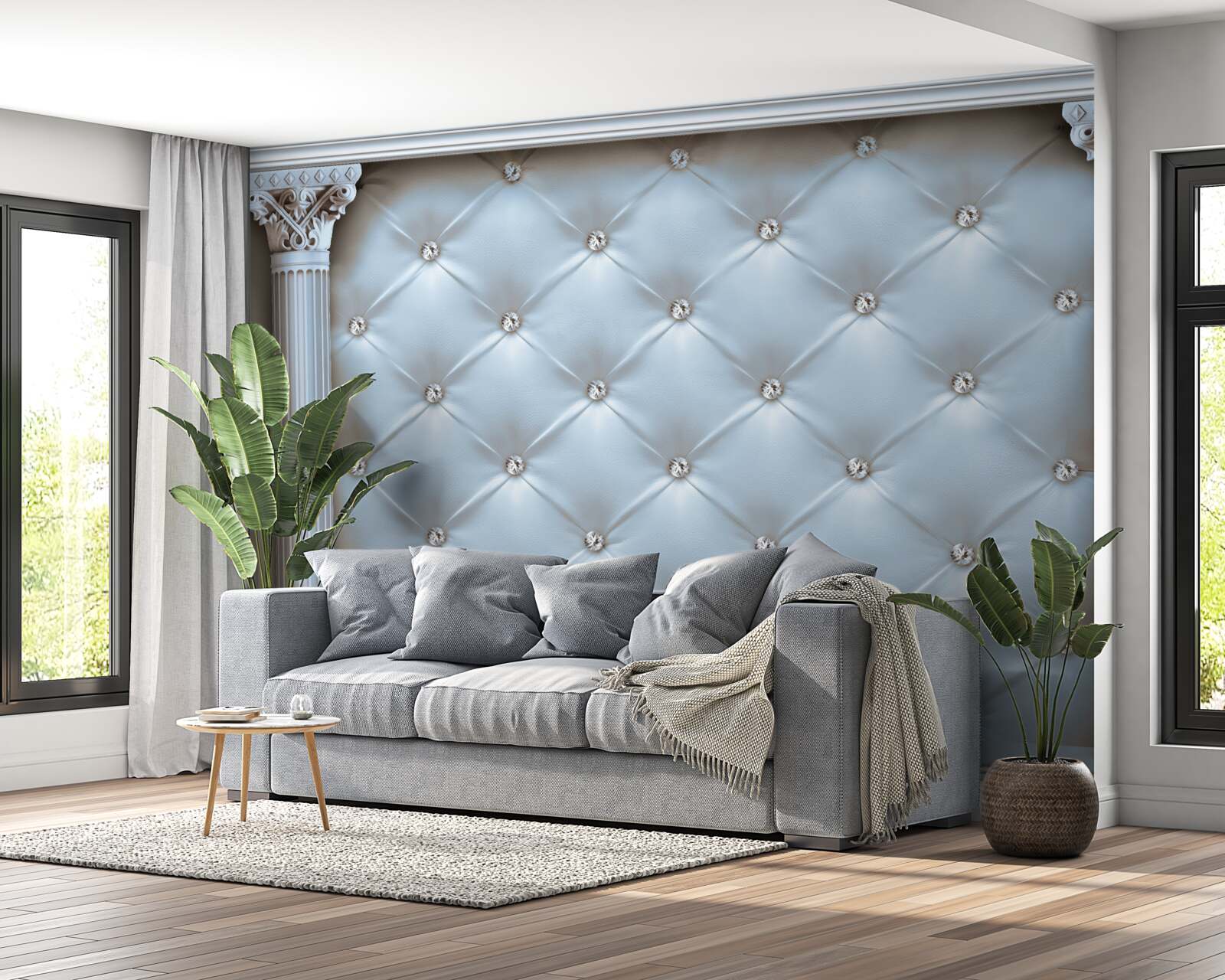 Carta da parati L'arco è decorato con un tessuto di rivestimento blu.