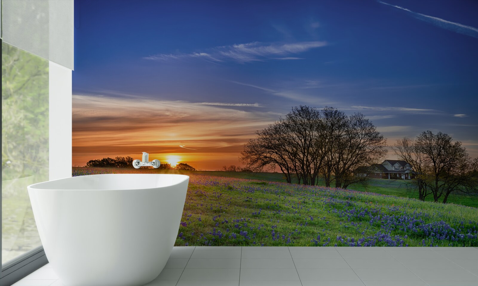 Carta da parati il sole tramonta su un campo cosparso di fiori