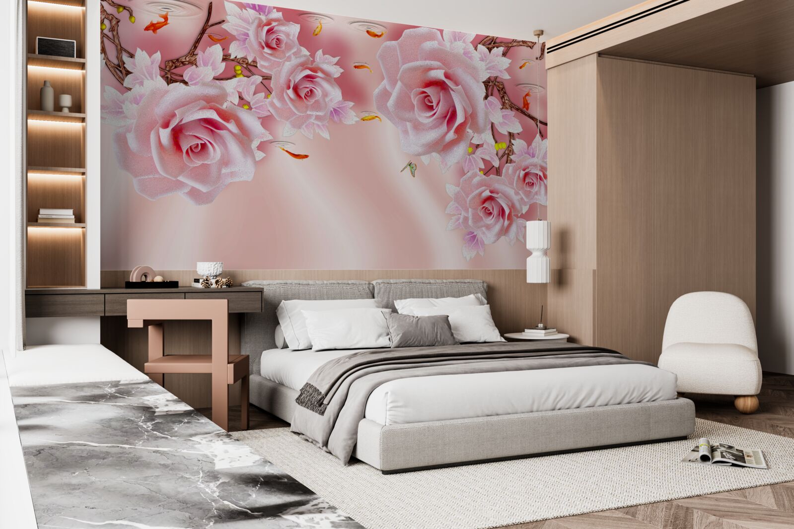 Carta da parati sui rami sbocciano boccioli di rose delicate