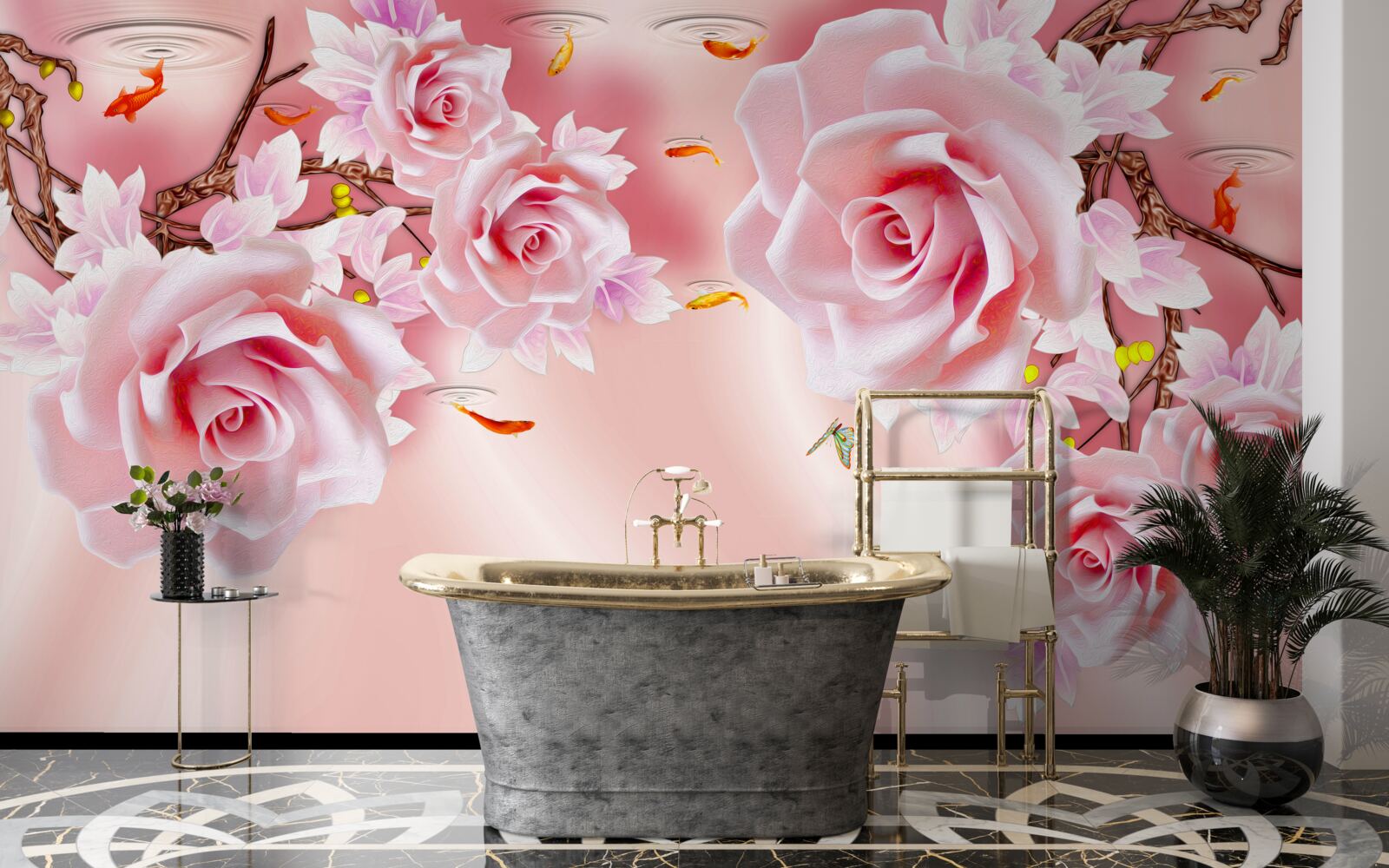 Carta da parati sui rami sbocciano boccioli di rose delicate