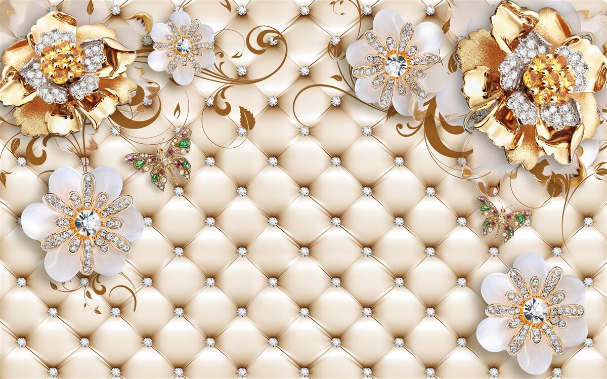 Carta da parati fiori con cinque petali intinti nell'oro