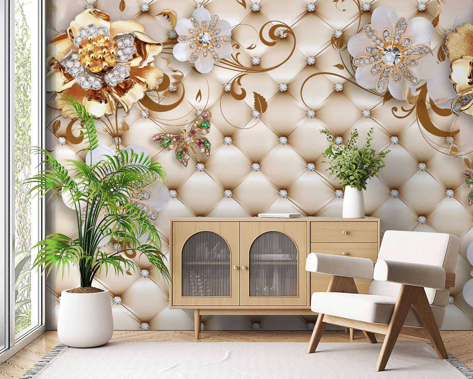 Carta da parati fiori con cinque petali intinti nell'oro
