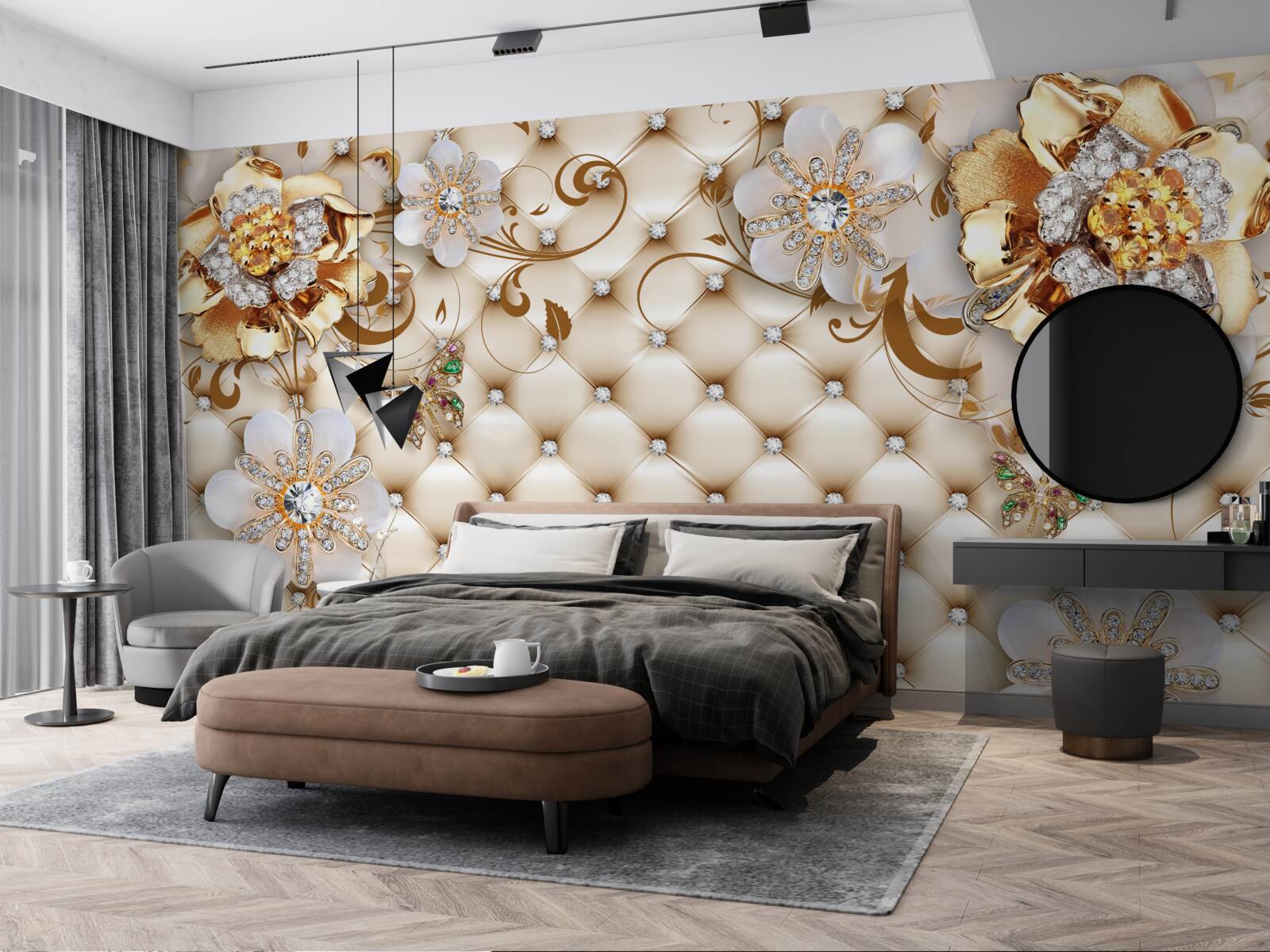 Carta da parati fiori con cinque petali intinti nell'oro