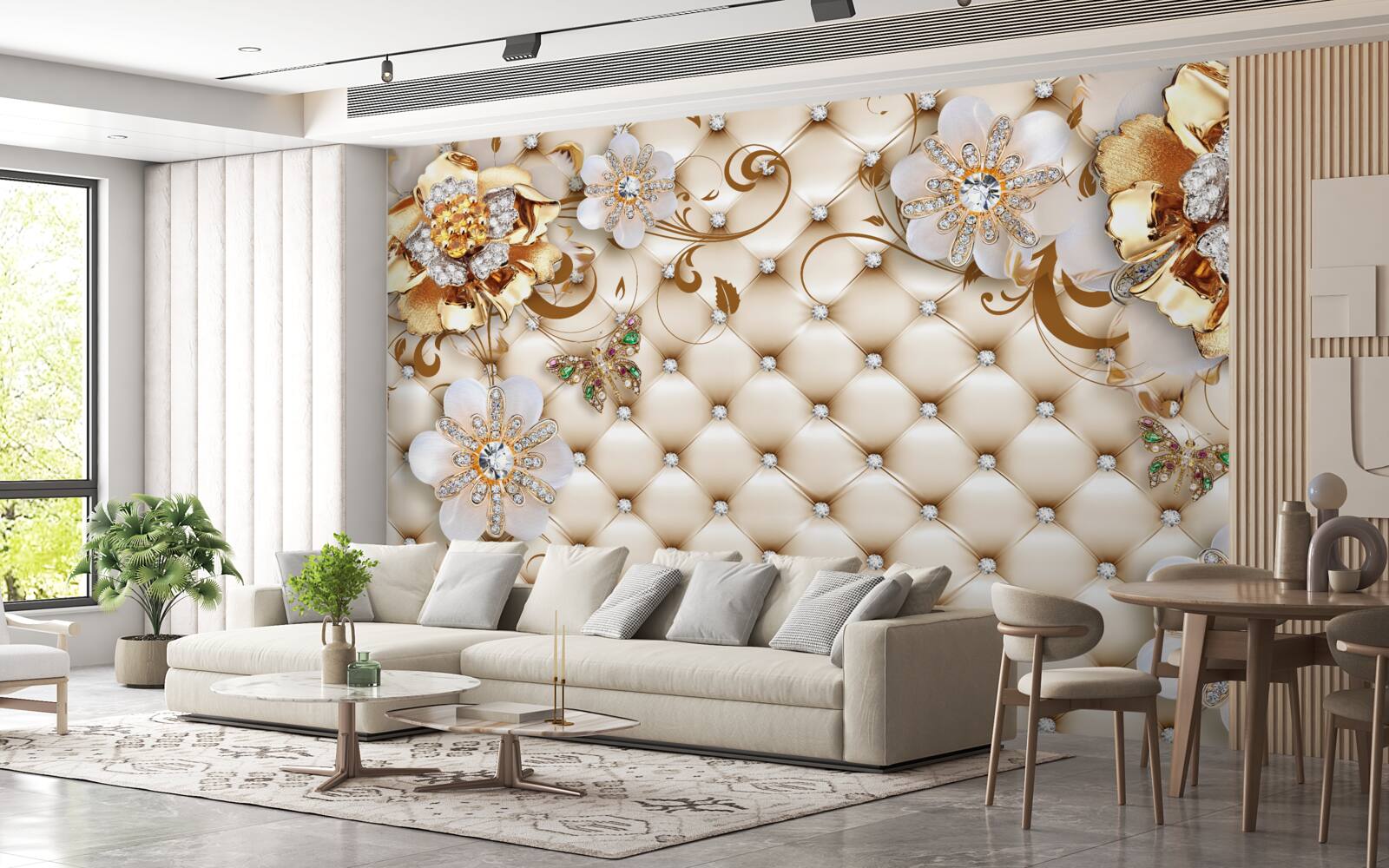 Carta da parati fiori con cinque petali intinti nell'oro