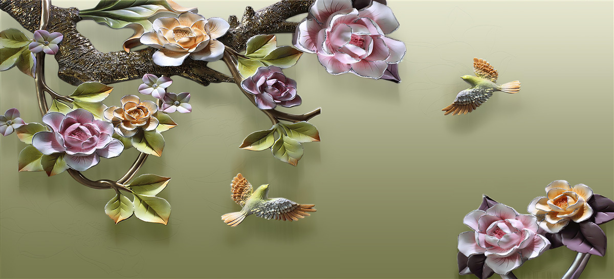 Carta da parati rose delicate e rondini sui rami