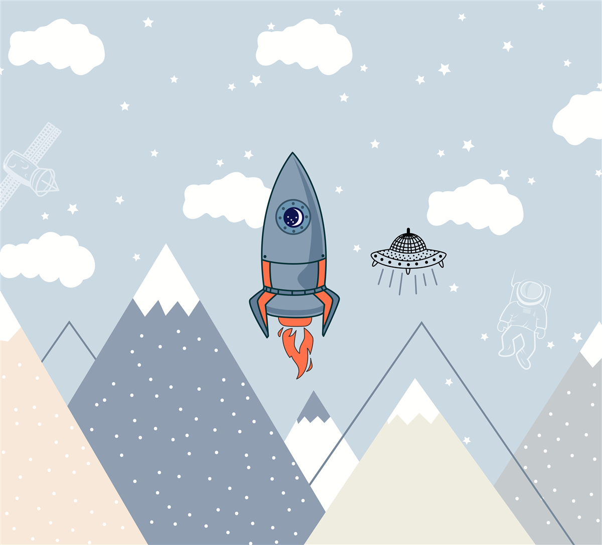 Carta da parati razzo e ufo planano sulle montagne