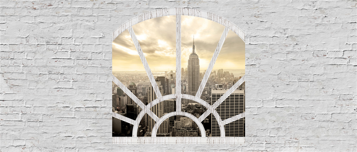 Carta da parati una finestra panoramica in un muro di mattoni che offre una vista sulla città di New York