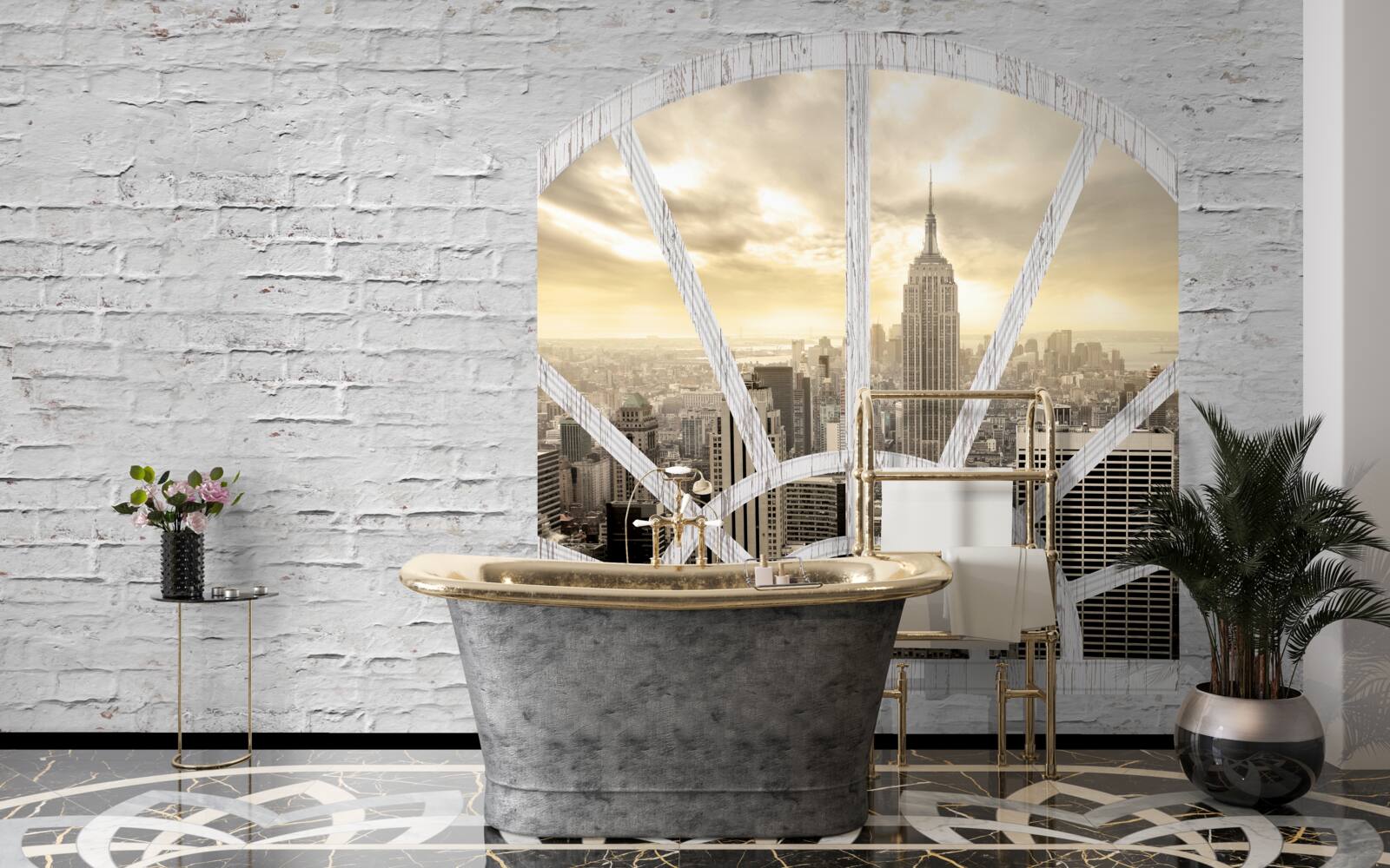 Carta da parati una finestra panoramica in un muro di mattoni che offre una vista sulla città di New York