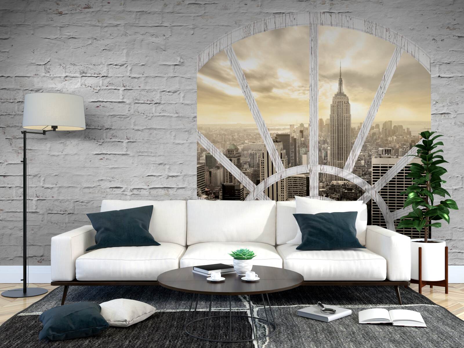 Carta da parati una finestra panoramica in un muro di mattoni che offre una vista sulla città di New York