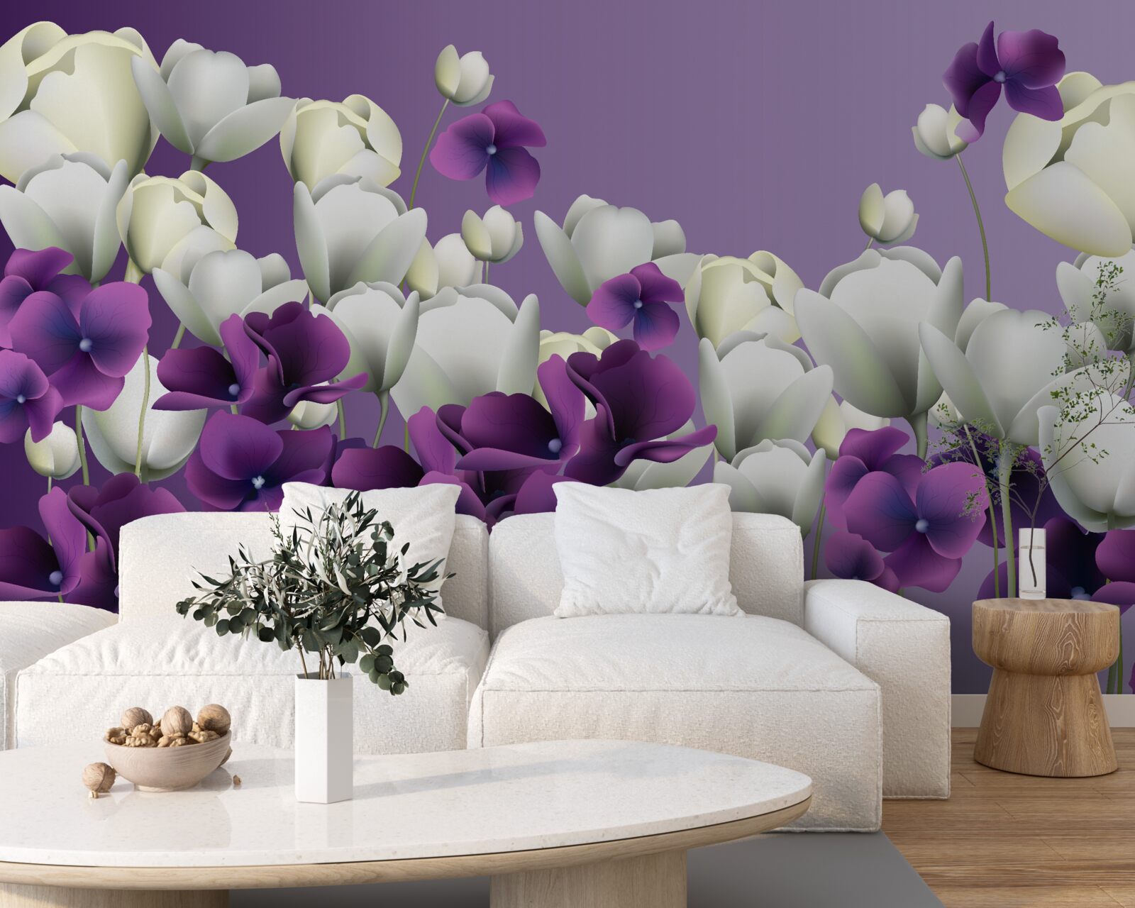 Carta da parati fiori bianchi e viola