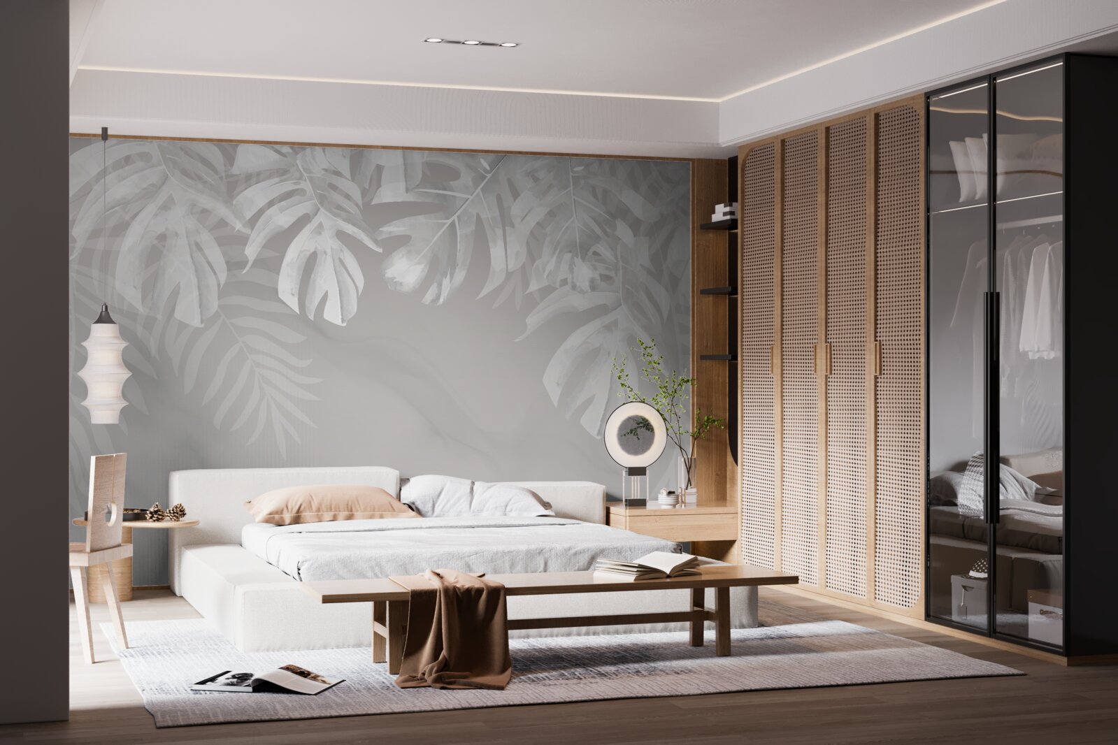 Carta da parati monstera con foglie pendule bianche come la neve
