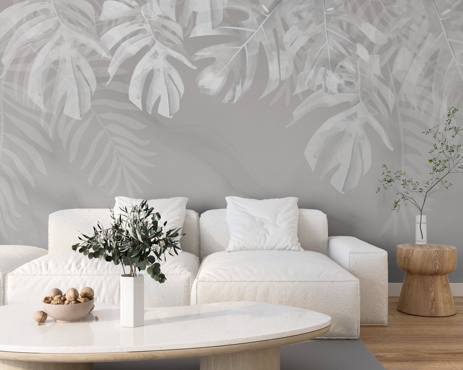 Carta da parati monstera con foglie pendule bianche come la neve