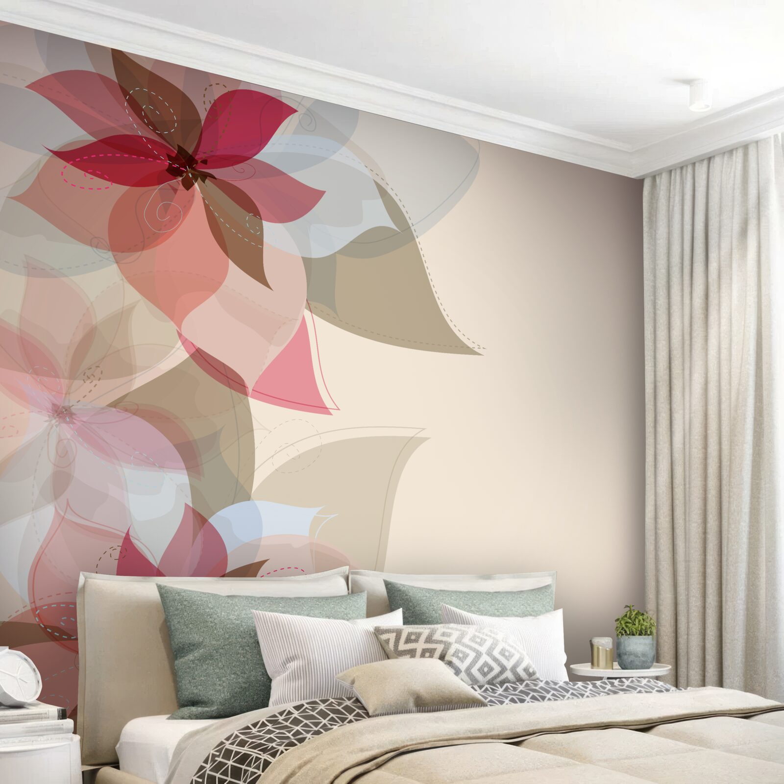 Carta da parati pittura astratta di fiori e foglie rosse