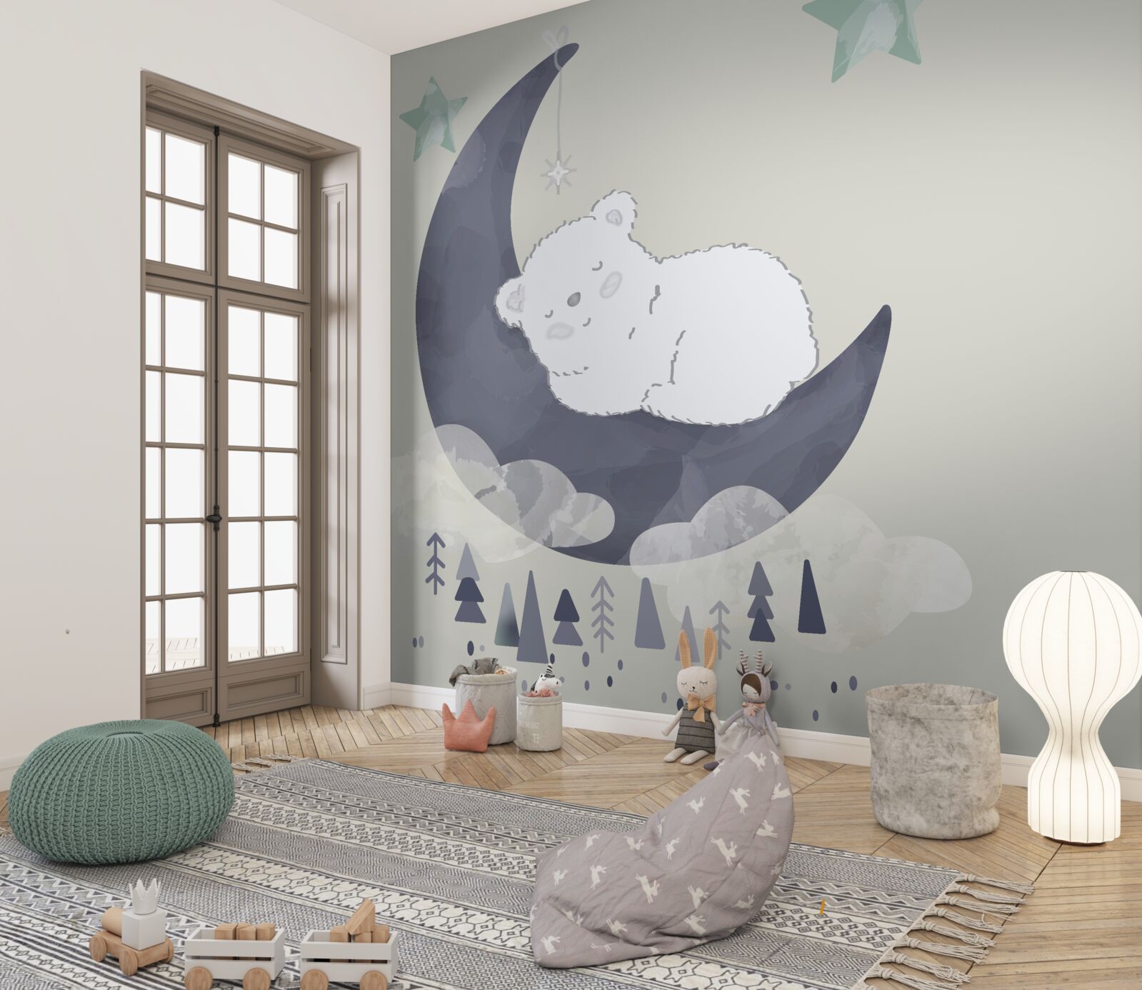 Carta da parati il piccolo orso polare fa un pisolino sulla luna