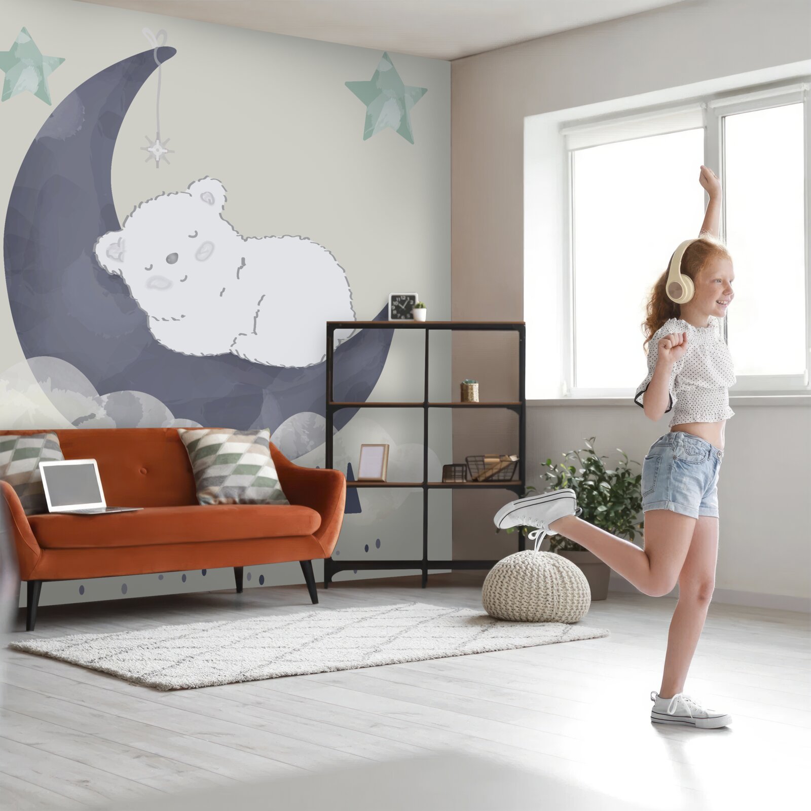 Carta da parati il piccolo orso polare fa un pisolino sulla luna
