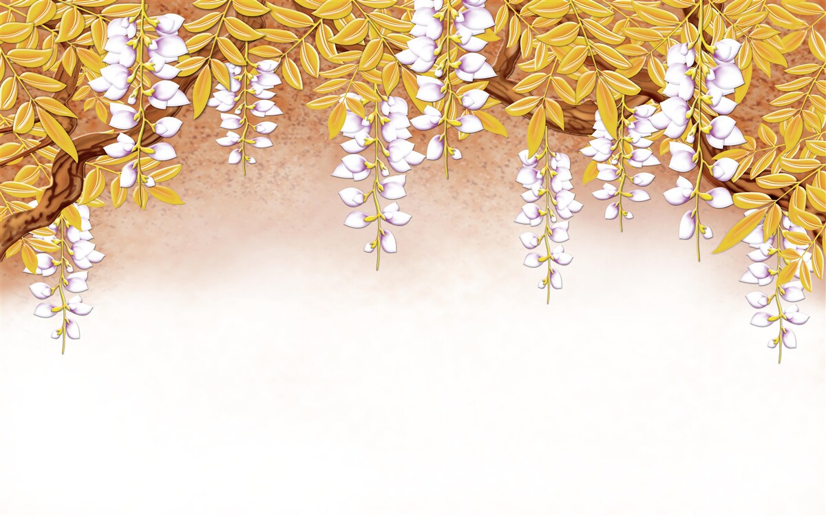 Carta da parati riflesso di foglie gialle e fiori bianchi