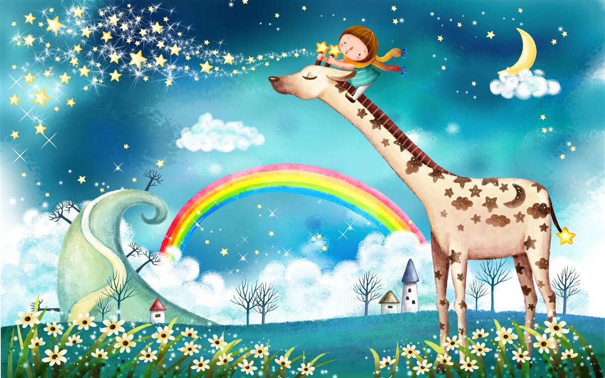 Carta da parati bambino su una giraffa su uno sfondo arcobaleno