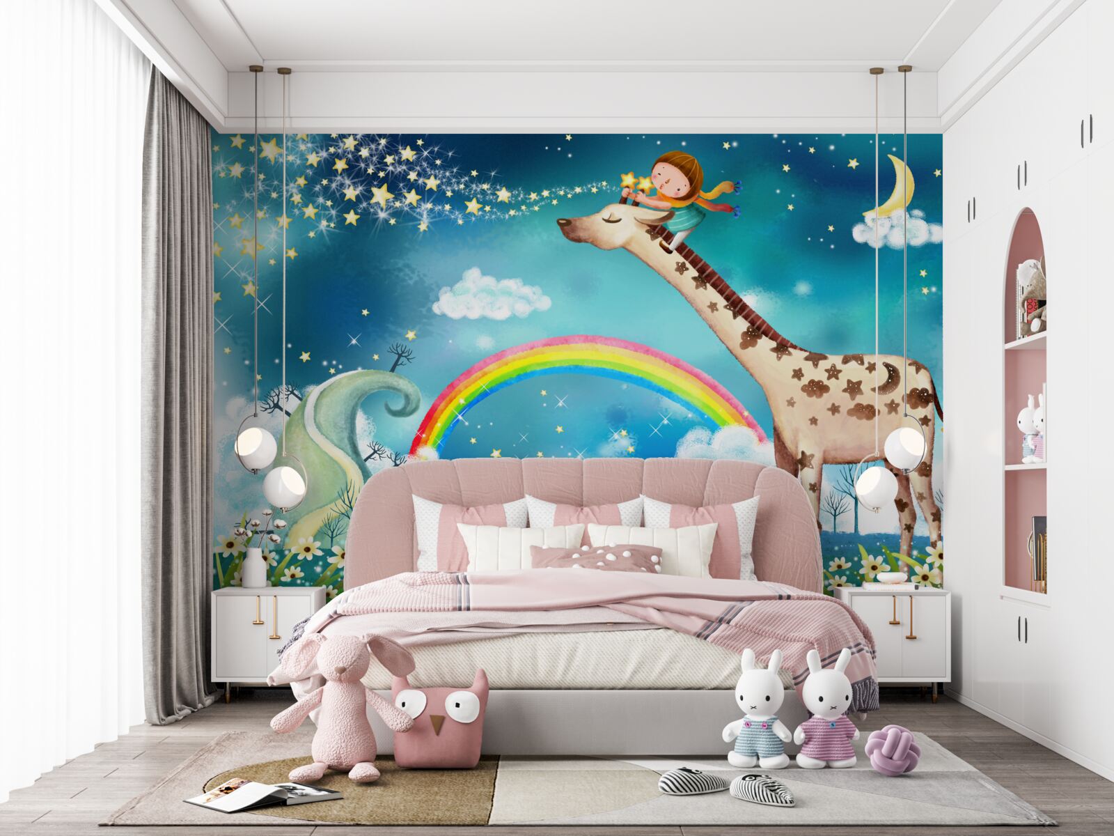 Carta da parati bambino su una giraffa su uno sfondo arcobaleno