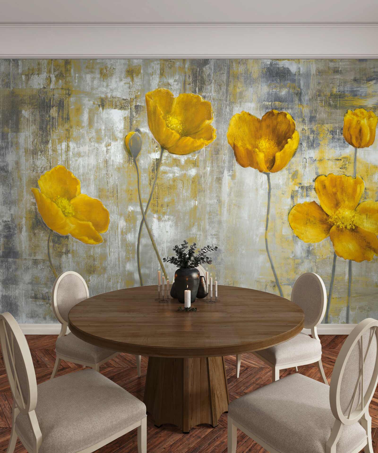 Carta da parati gli steli sottili sono decorati con fiori gialli