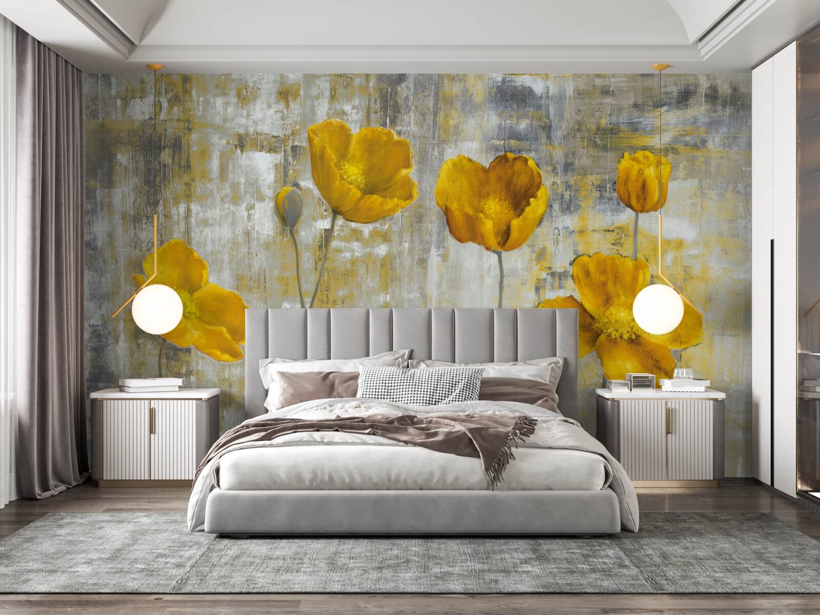 Carta da parati gli steli sottili sono decorati con fiori gialli