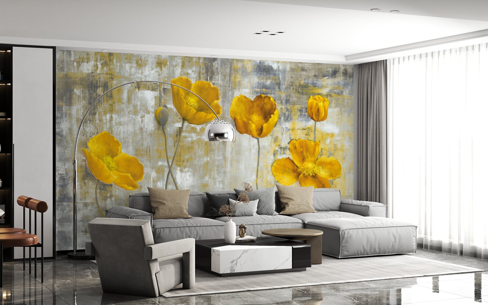 Carta da parati gli steli sottili sono decorati con fiori gialli