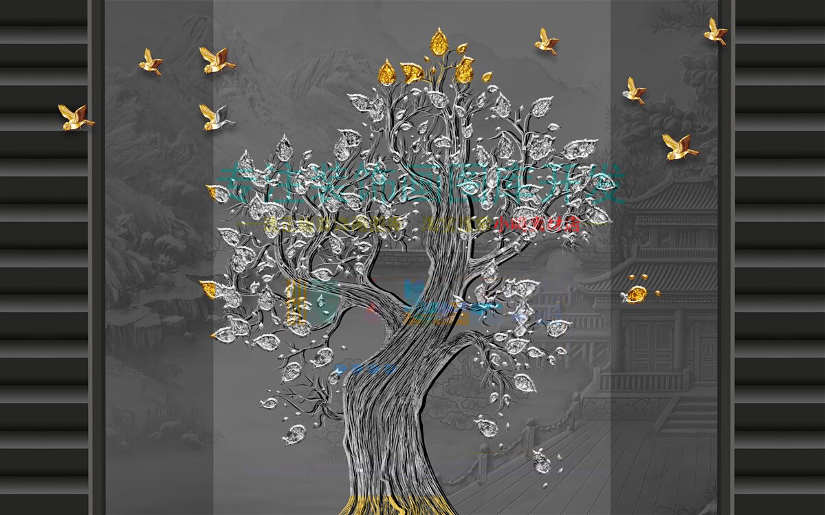 Carta da parati un albero d'oro e uccelli che volano in cielo