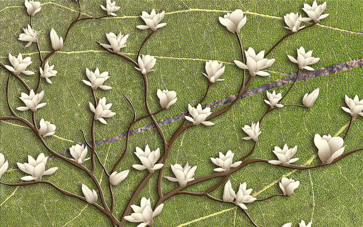Carta da parati Rami di magnolia bianchi come la neve su sfondo verde