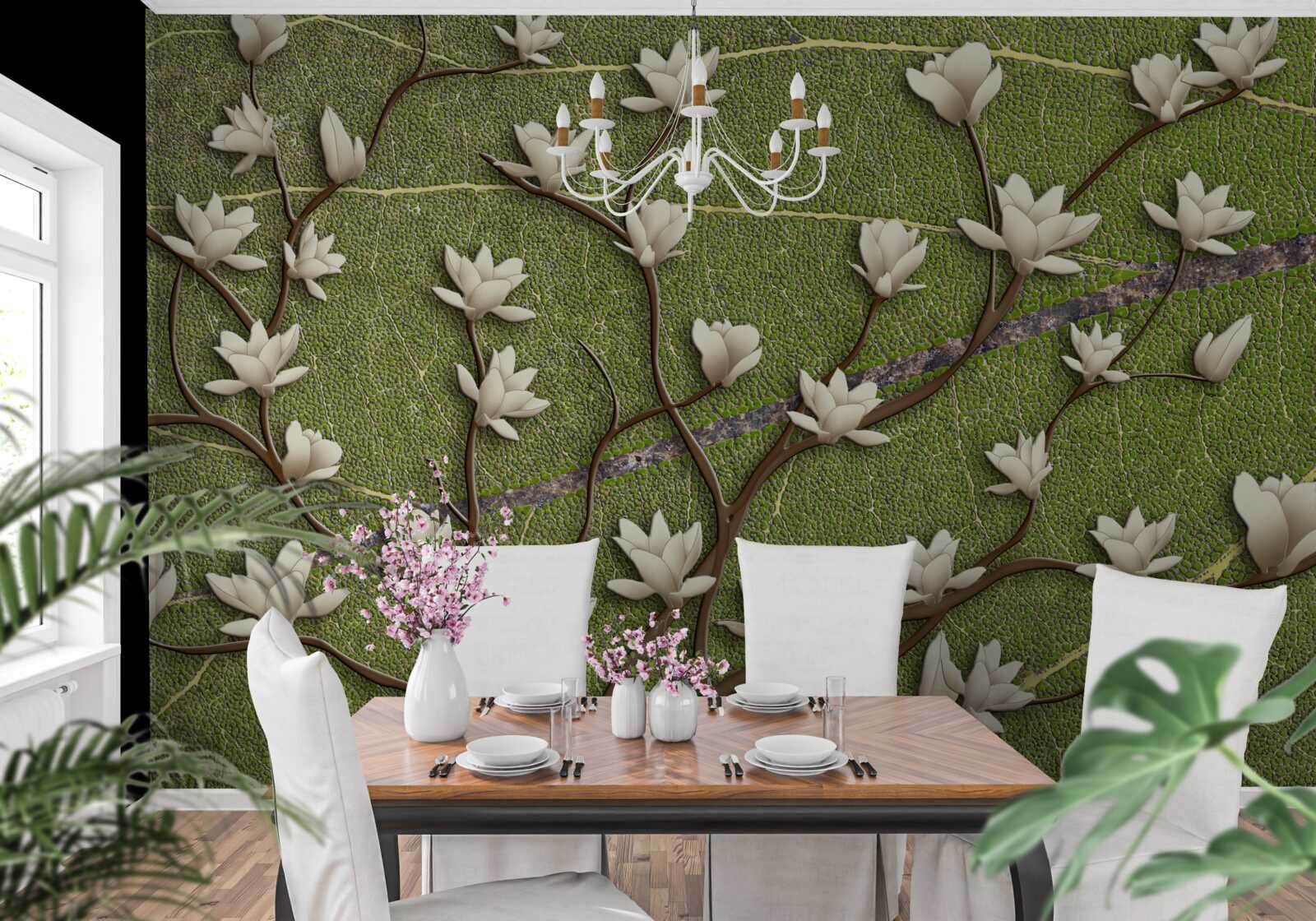 Carta da parati Rami di magnolia bianchi come la neve su sfondo verde