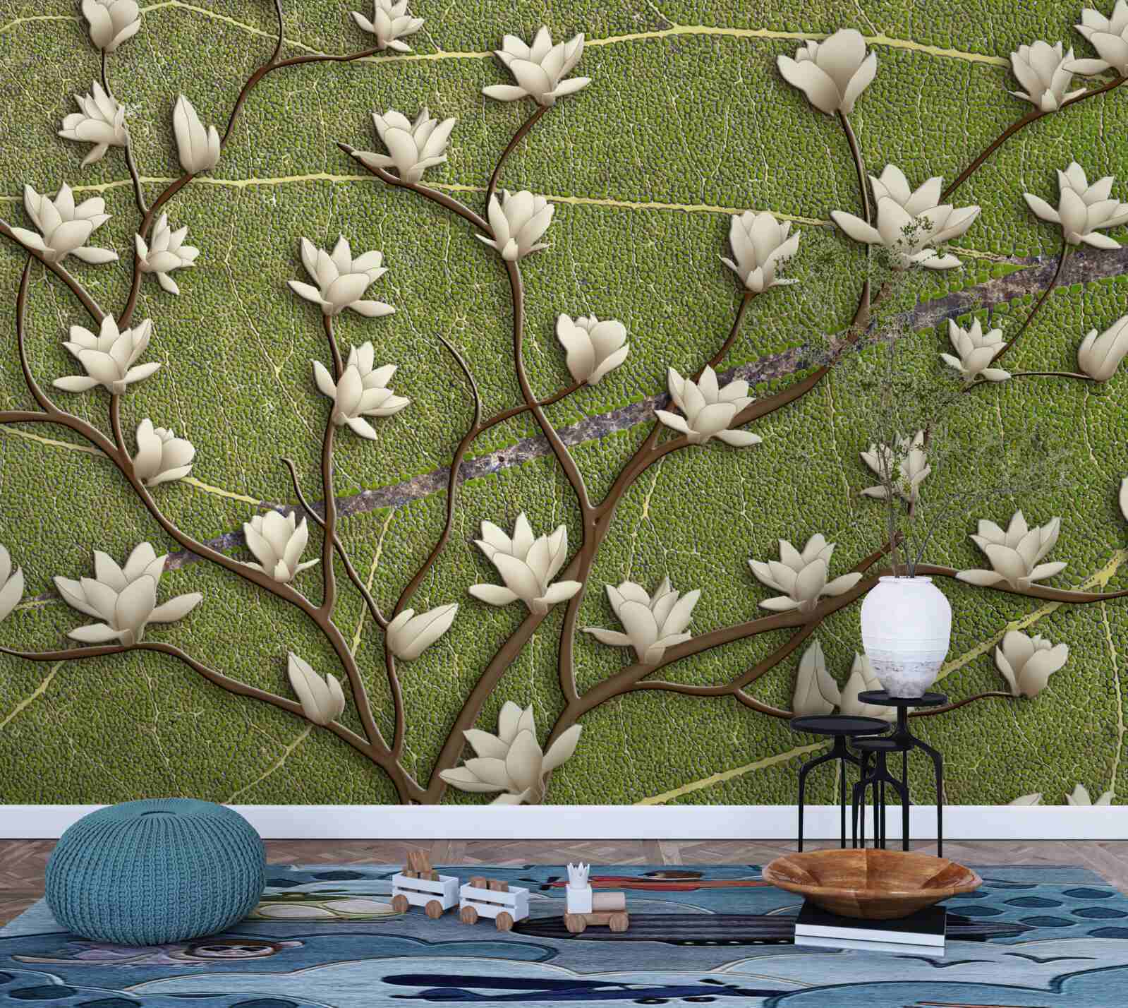 Carta da parati Rami di magnolia bianchi come la neve su sfondo verde