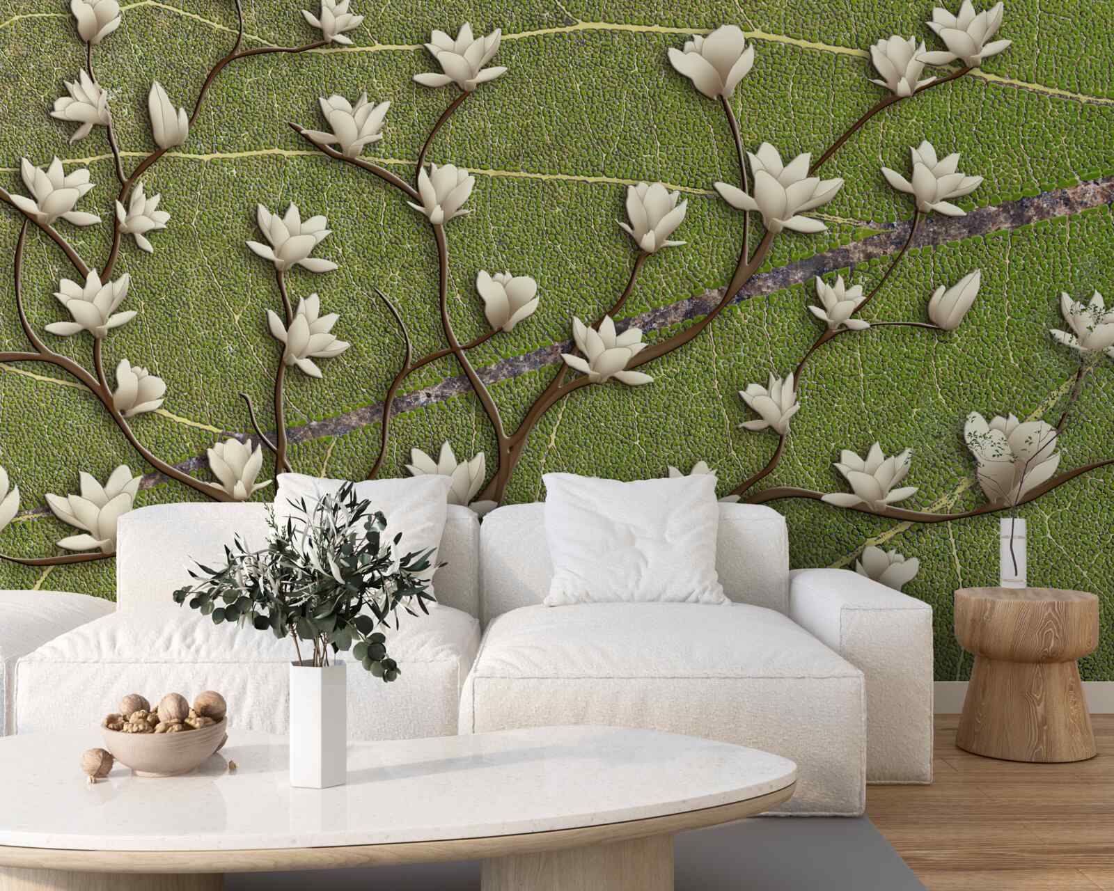 Carta da parati Rami di magnolia bianchi come la neve su sfondo verde
