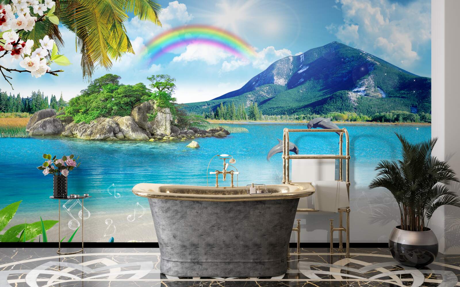 Carta da parati un arcobaleno brilla sulla riva del mare
