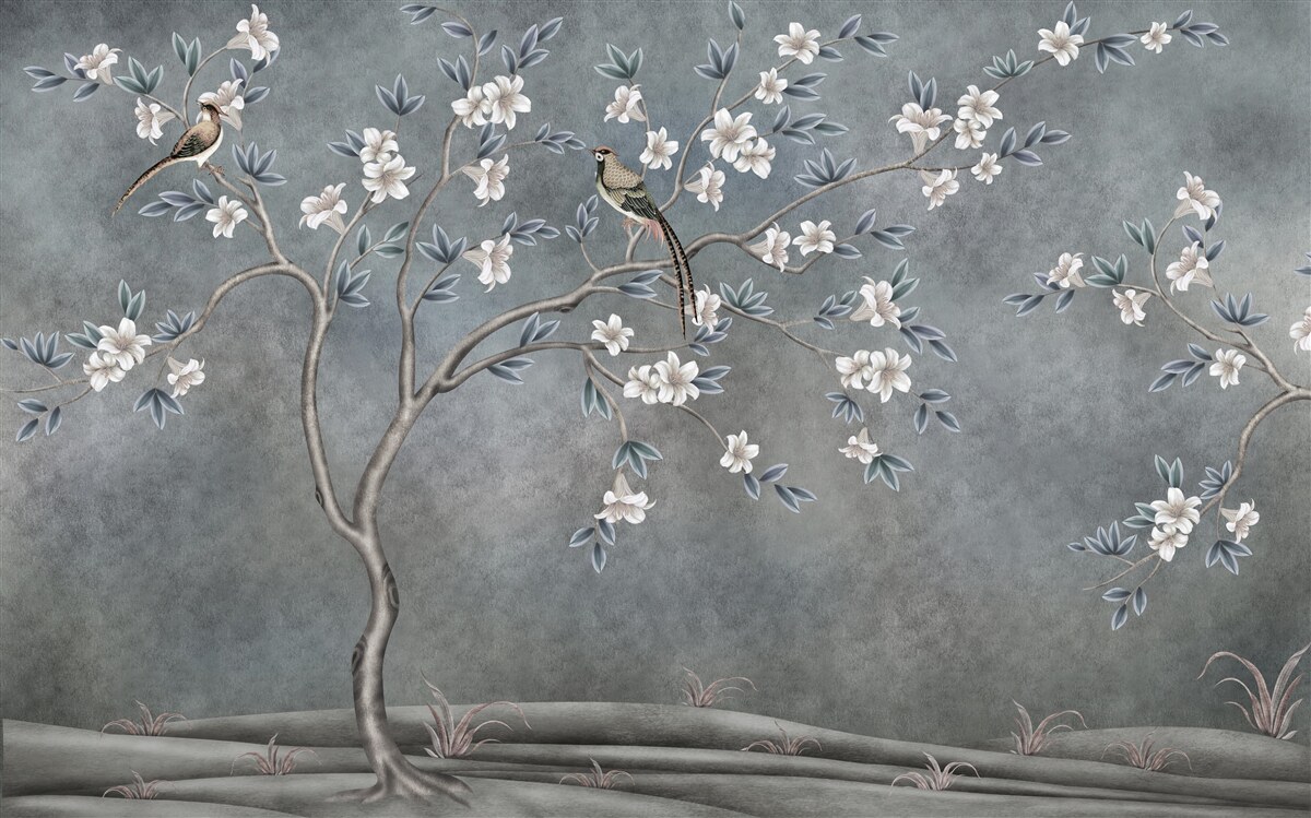 Carta da parati gli alberi con fiori bianchi sono decorati con uccelli