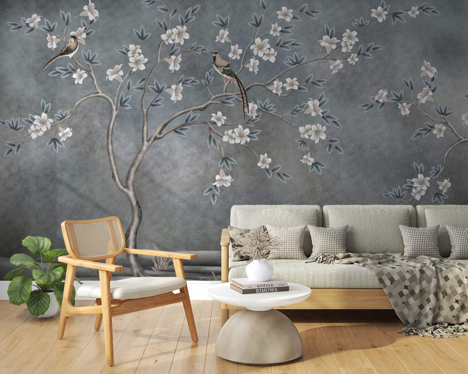 Carta da parati gli alberi con fiori bianchi sono decorati con uccelli
