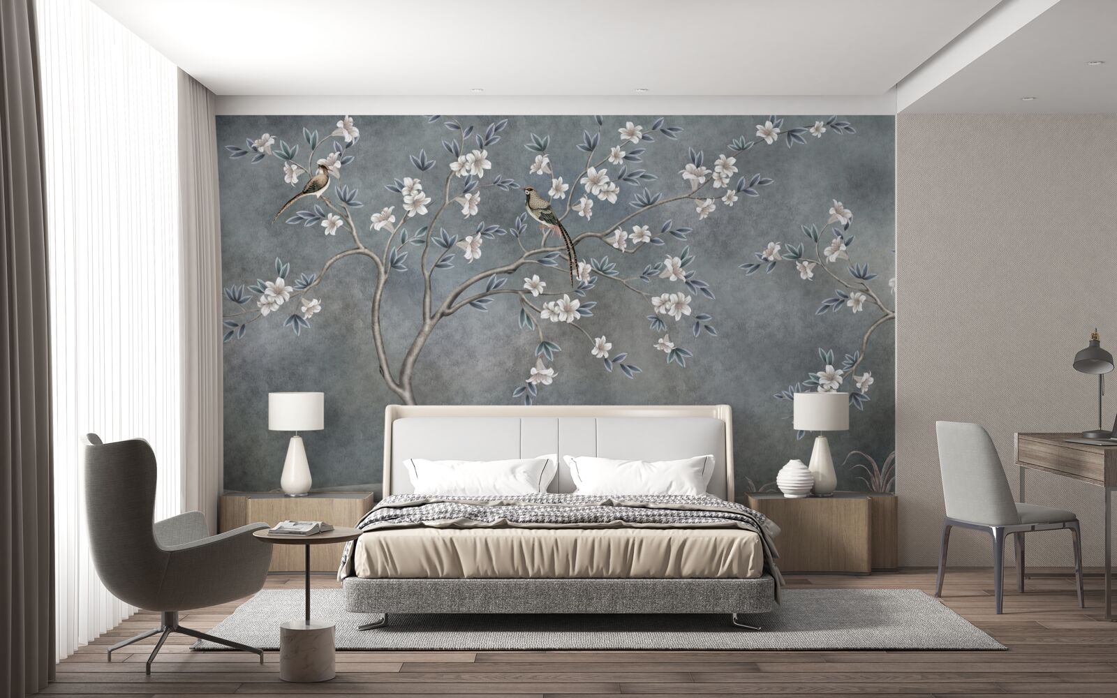 Carta da parati gli alberi con fiori bianchi sono decorati con uccelli