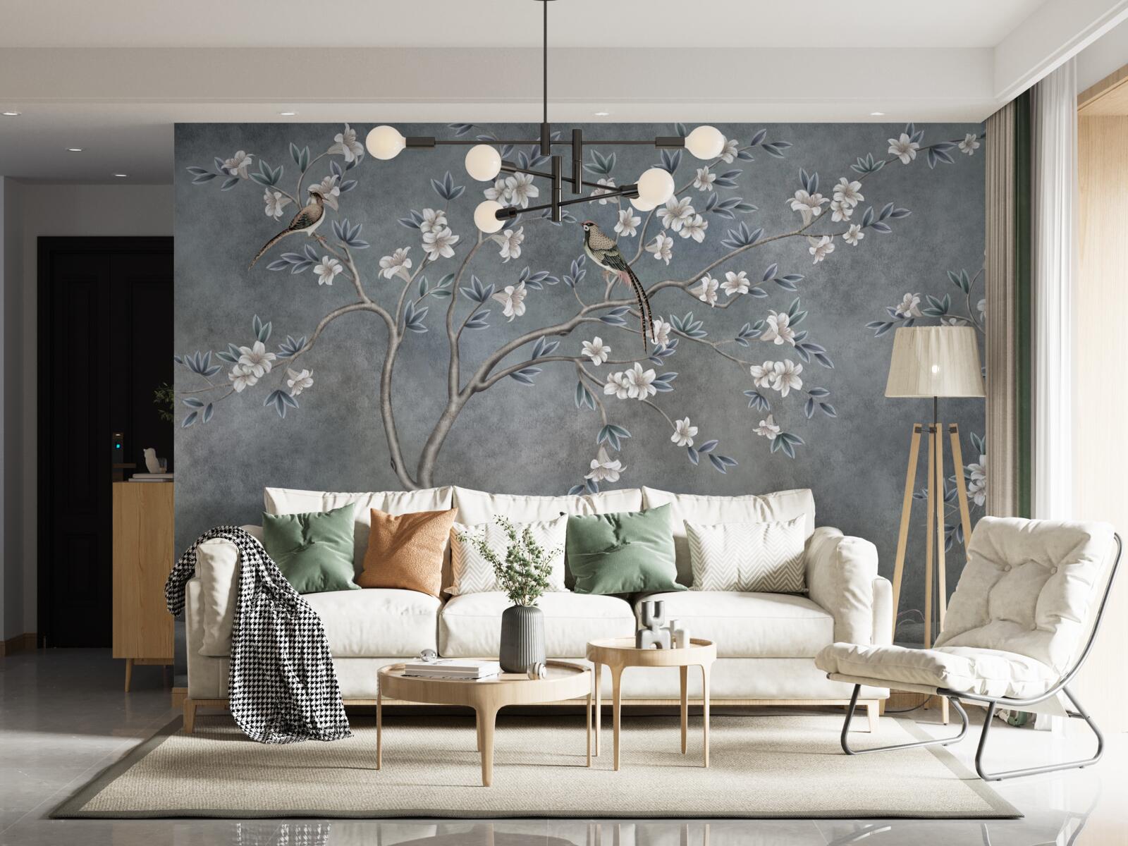 Carta da parati gli alberi con fiori bianchi sono decorati con uccelli