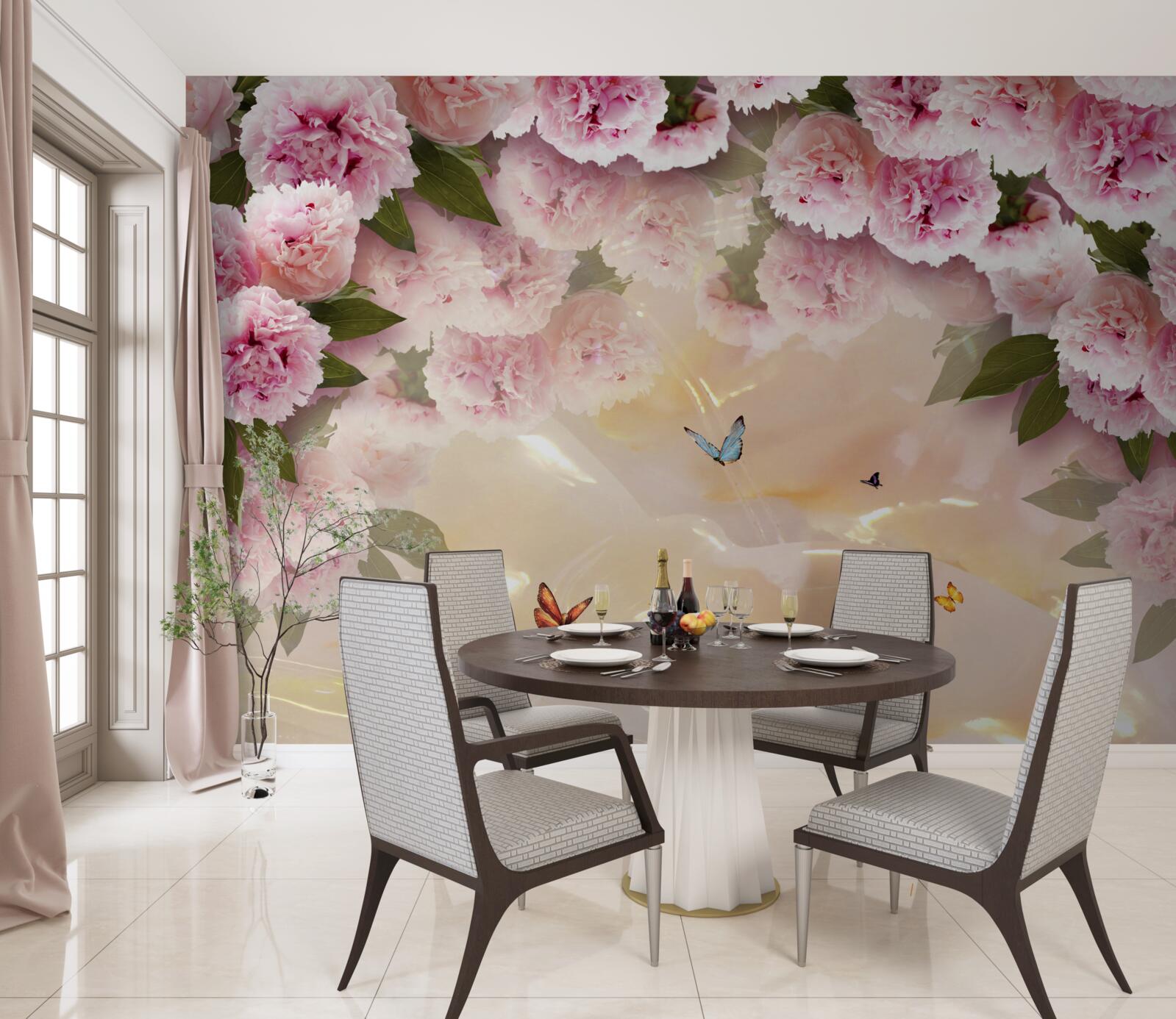 Carta da parati delicati papillons e fiori rosa